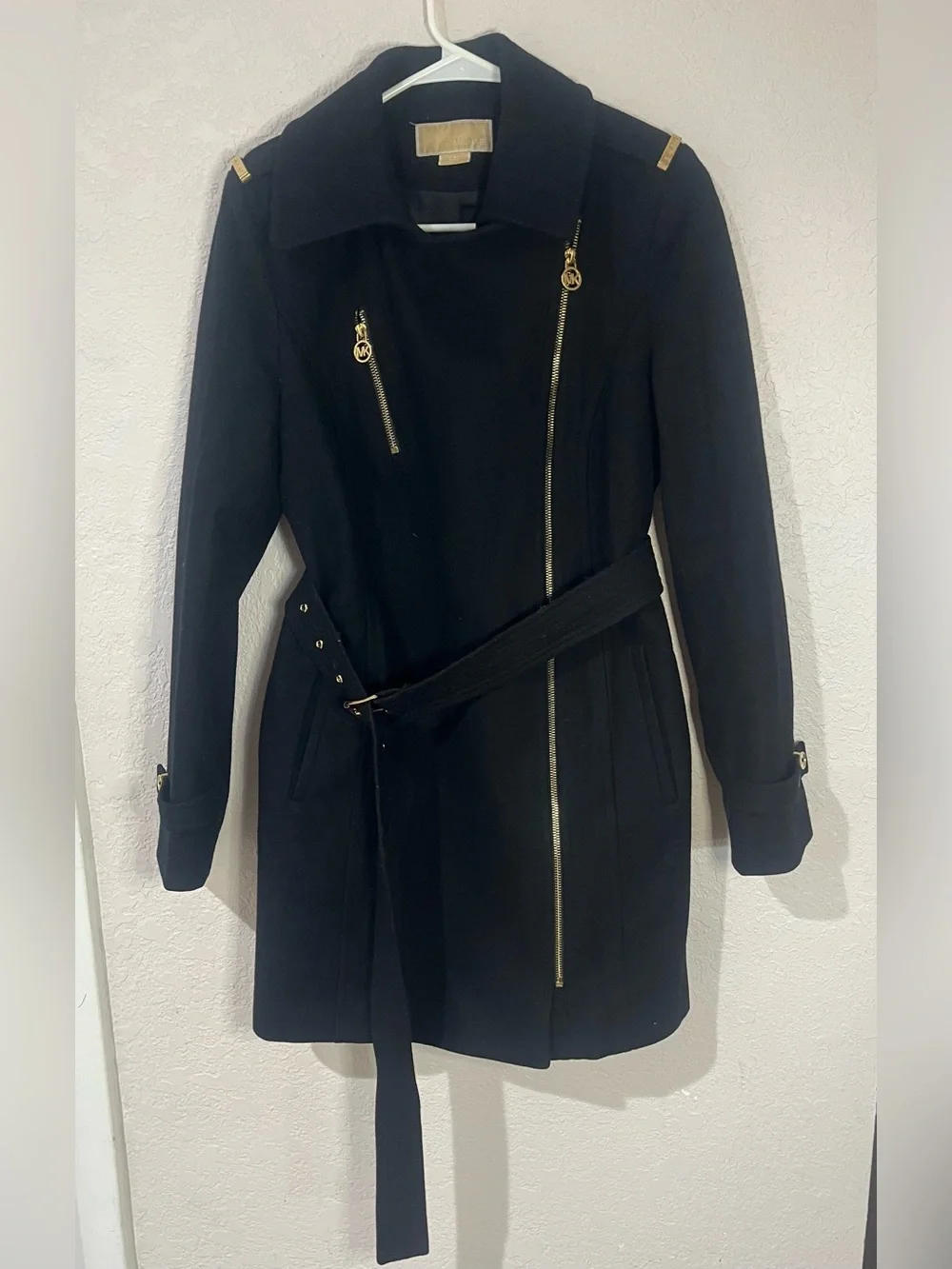 Michael Kors Black Long-Sleeve Belted Trench Coat with Gold Hardware